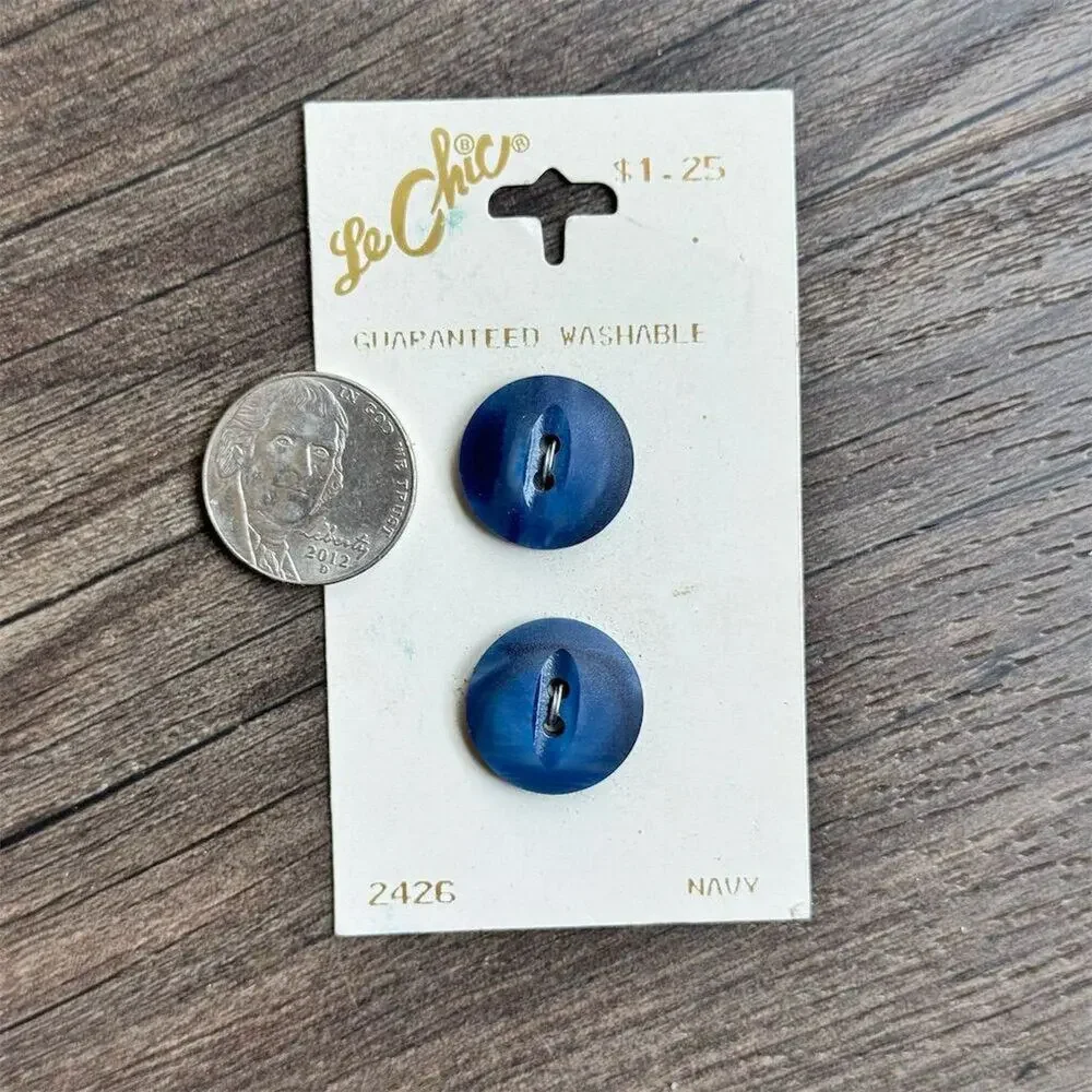 NEW Vintage 1950's Le Chic Navy Blue 2-Hole Round Flat Buttons On Card 3/4